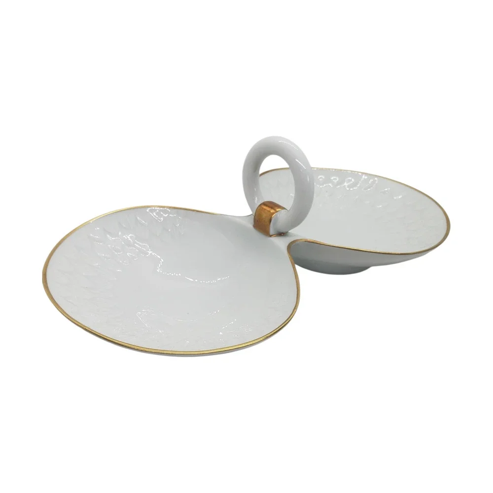 Vintage Limoges France Double Clam Shell Dish Trinket White Porcelain Gold Trim